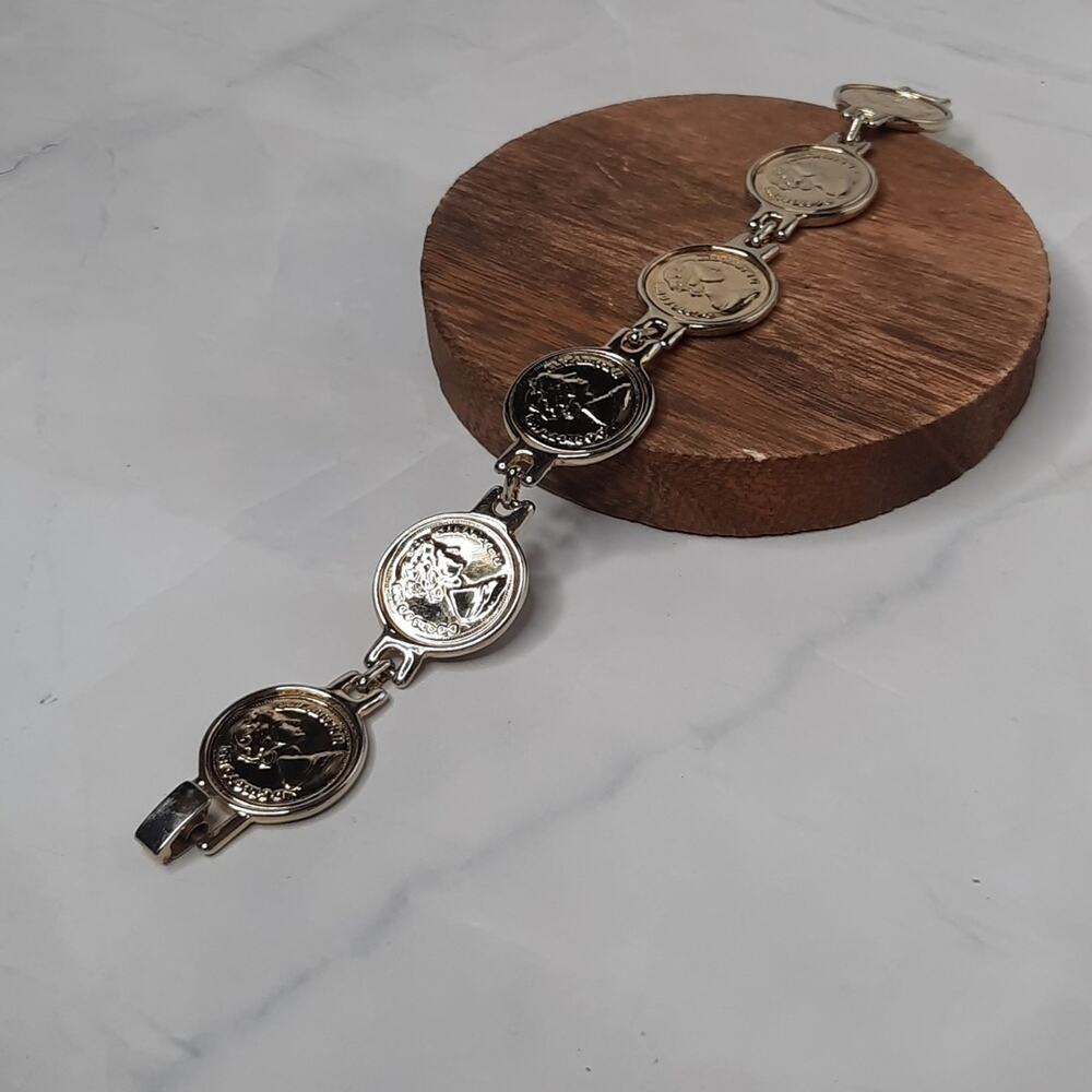 Gold Tone Queen Elizabeth II Coin Bracelet